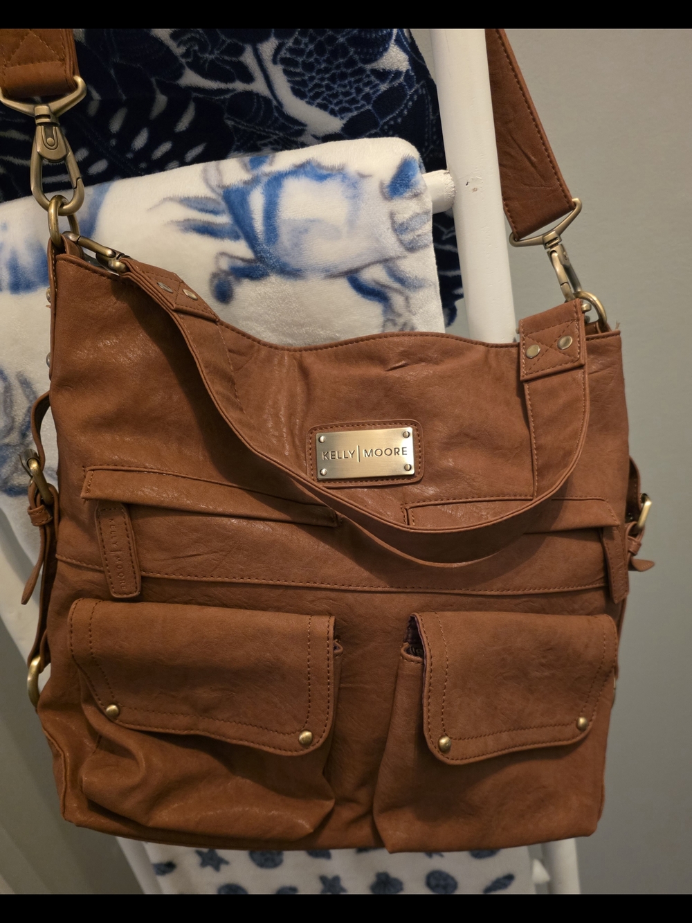 Kelly Moore Cognac Brown Leather Shoulder Bag with Front Pockets